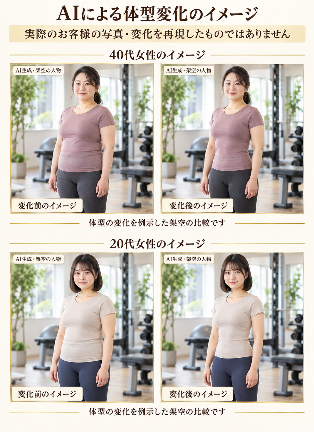 AIで作成した架空の40代女性・20代女性の体型変化の比較イメージ。実際のお客様の写真ではありません。