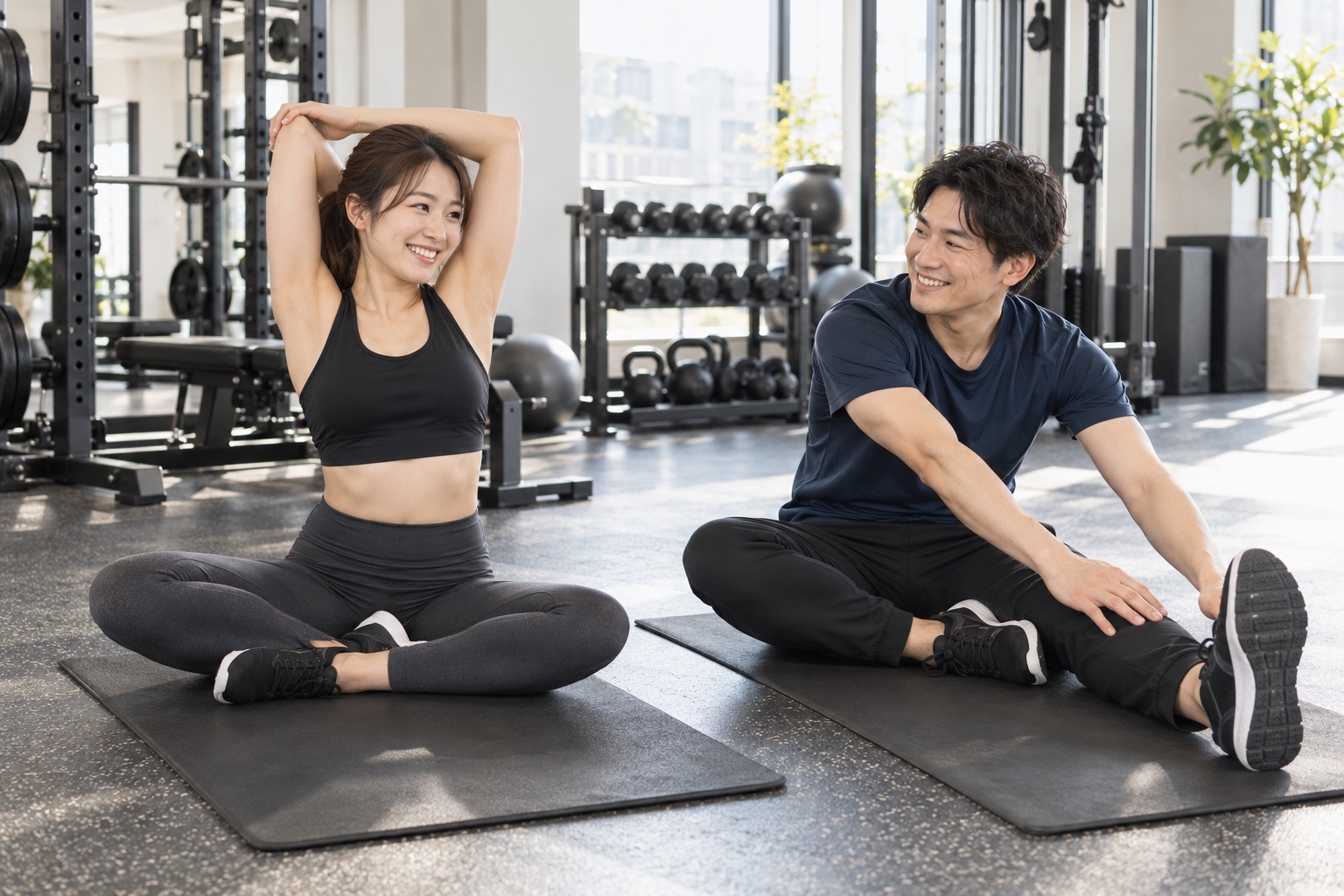 男女2人でストレッチを楽しむペアトレーニングのイメージ